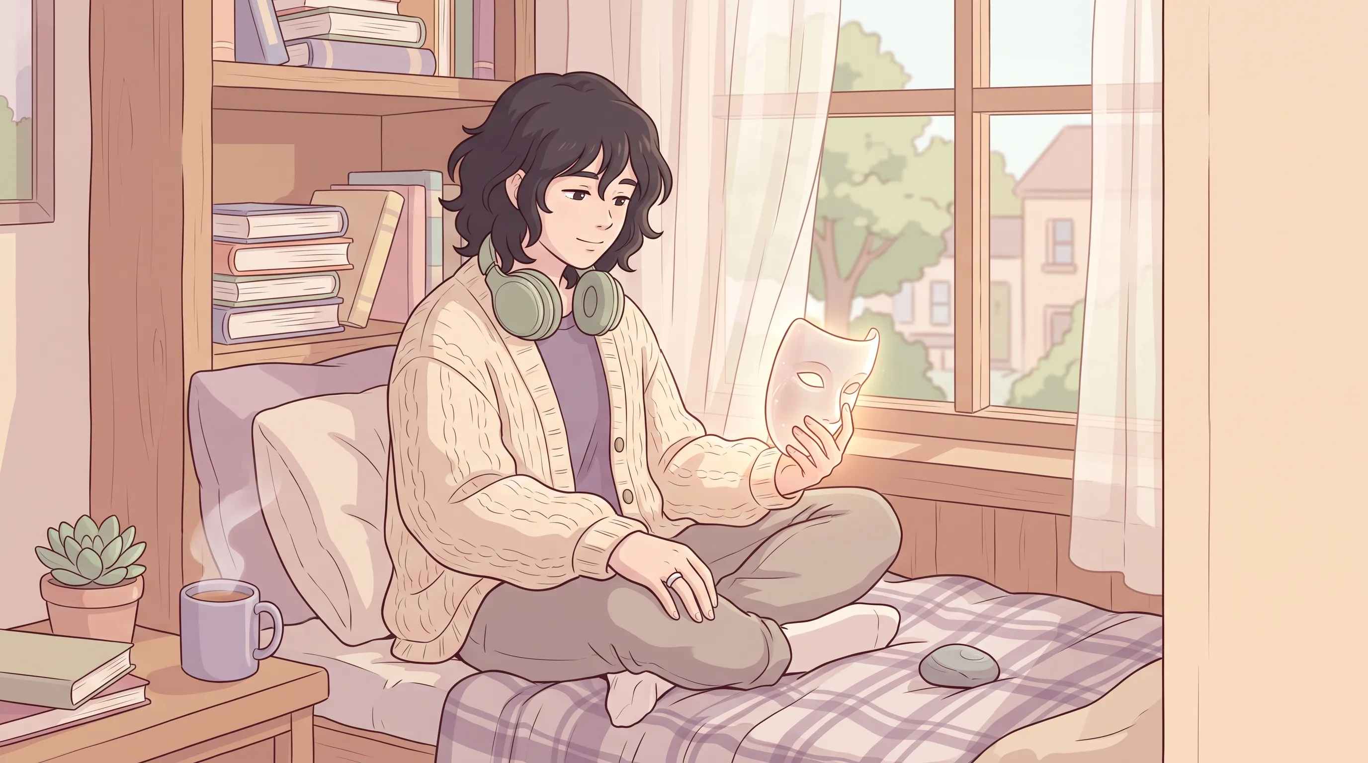 Ilustración pastel de una persona joven en un rincón de lectura, sosteniendo una máscara translúcida en la mano