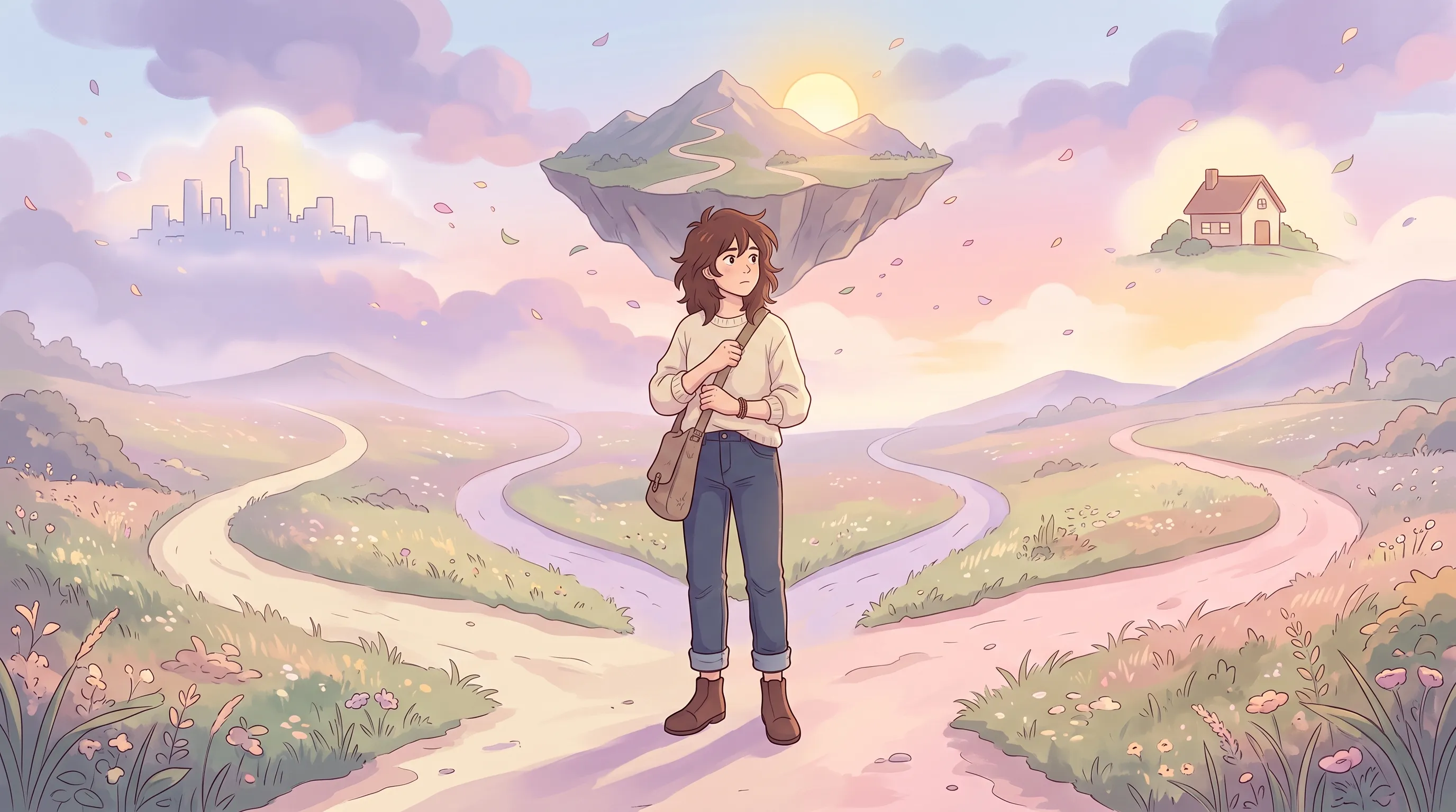 Ilustración pastel de una persona joven parada frente a caminos que se ramifican hacia un horizonte suave