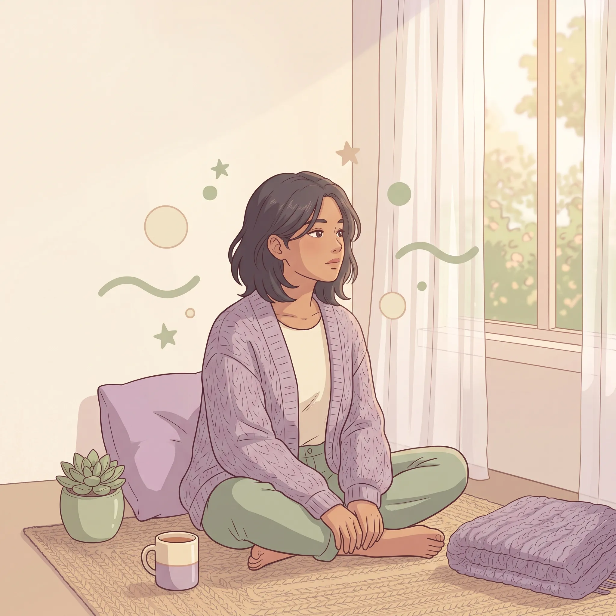 Ilustración pastel de una persona joven sentada junto a una ventana con luz cálida y formas geométricas suaves flotando alrededor