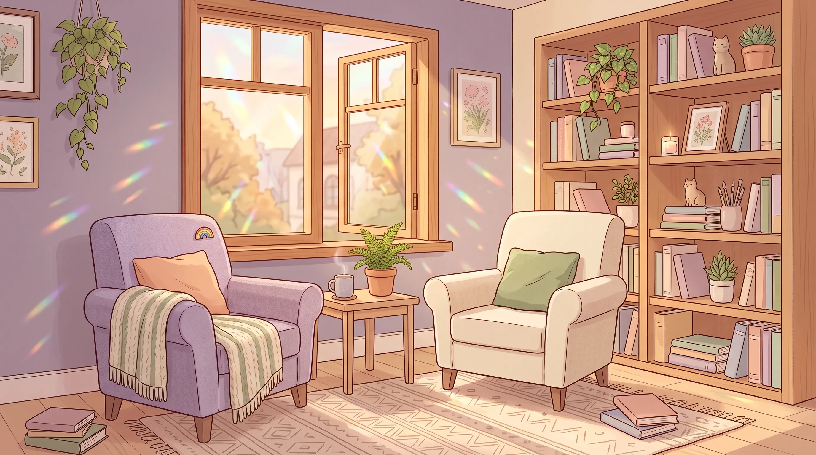 Ilustración pastel de un consultorio cálido con dos sillones y luz suave con reflejos arcoíris sutiles