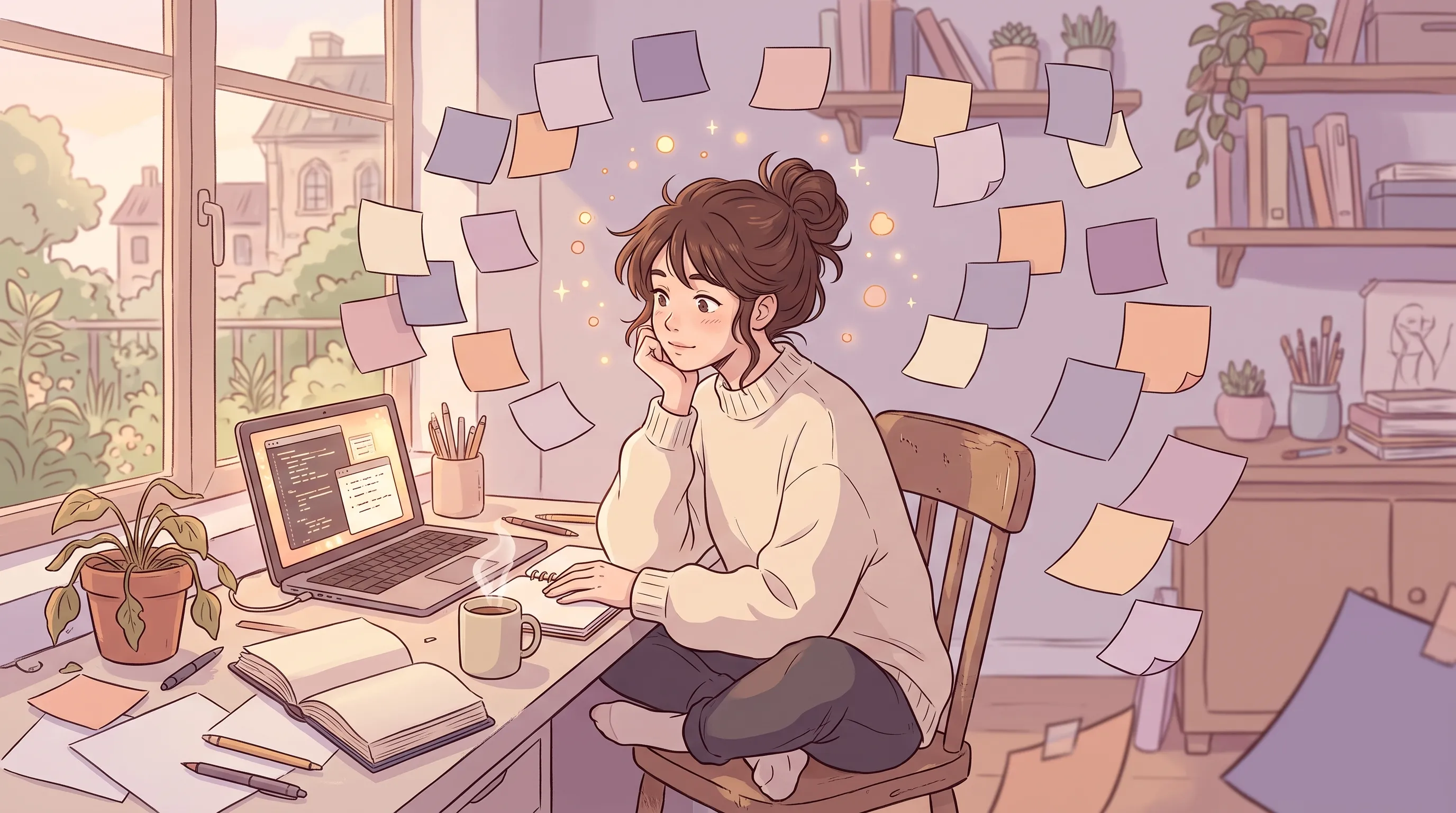 Ilustración pastel de una joven adulta en su escritorio, rodeada de post-its flotando, con expresión pensativa